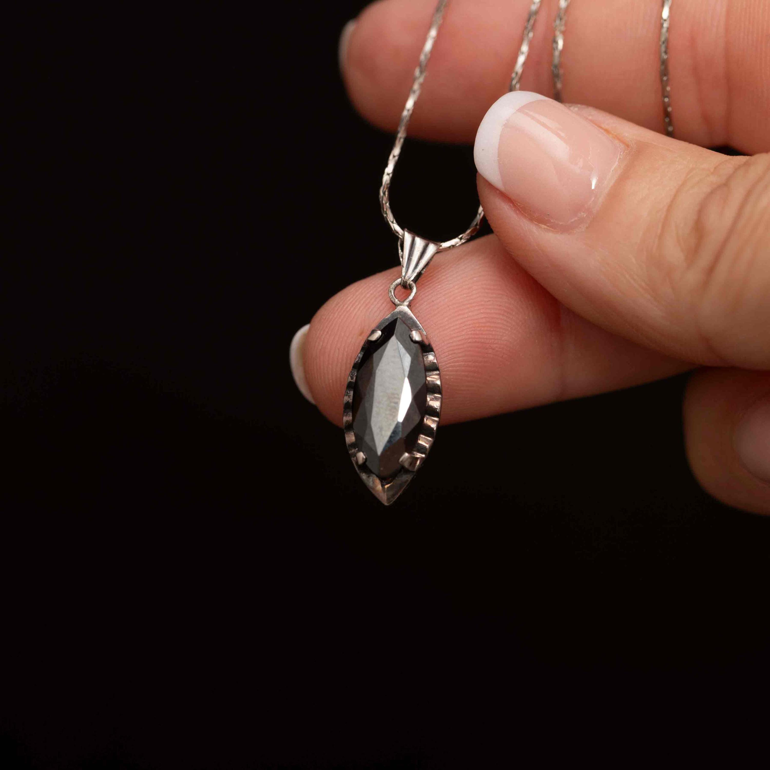 Vintage Black Alaskan Diamond Pendant Necklace: Sterling Silver Marquise, 1960s