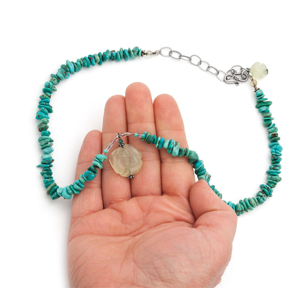 Thumbnail: 18" Turquoise Chunk Necklace with Carved Rose Pendant & Flower Dangle – Boho ...