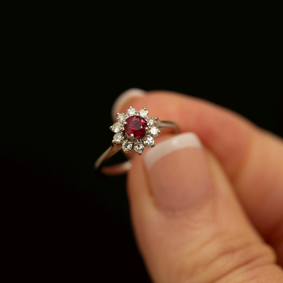 Thumbnail: Vintage 18K White Gold Ruby Diamond Flower Cluster Ring · Natural Stones