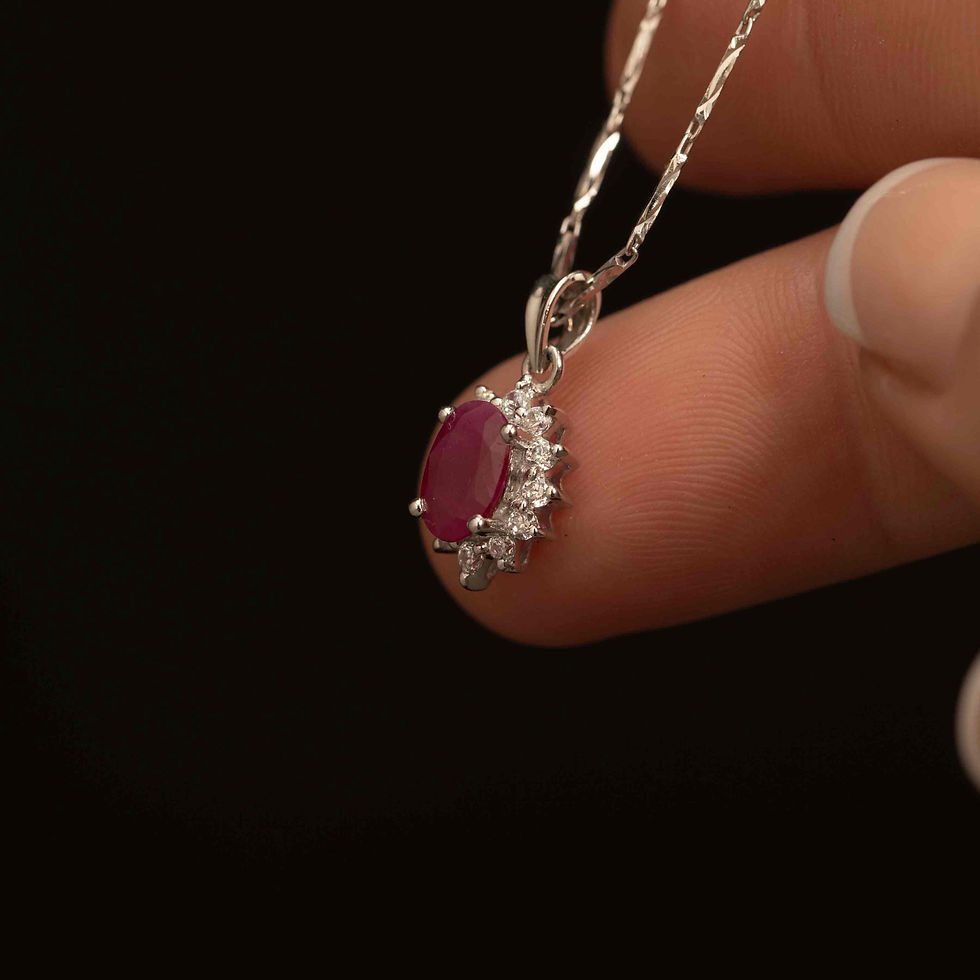 Thumbnail: 18K White Gold Ruby & CZ Halo Pendant Necklace · 18" Chain · Oval Natural Ruby