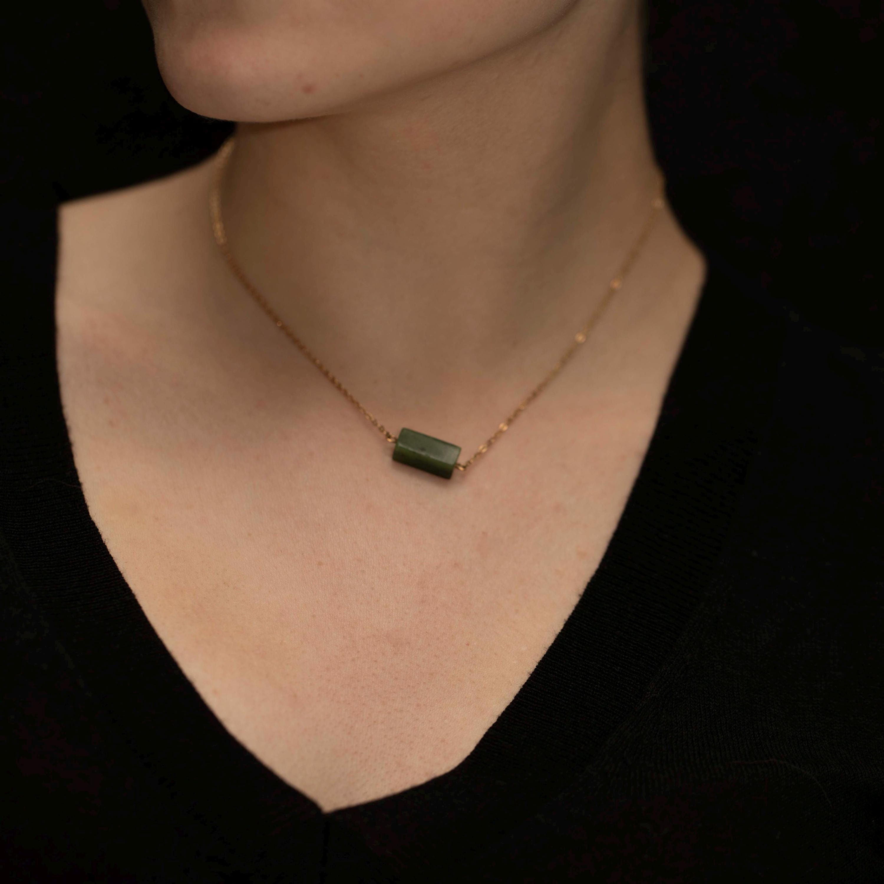 14K Gold Jade Bar Necklace, Green Jade Pendant, 15 Inch Chain
