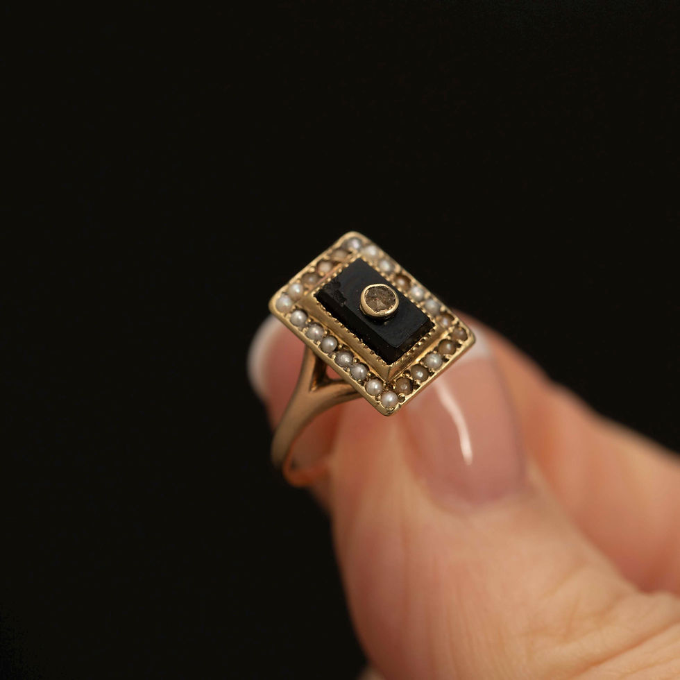 Thumbnail: Antique 14k Gold Mourning Ring · Black Onyx · Seed Pearl · Paste