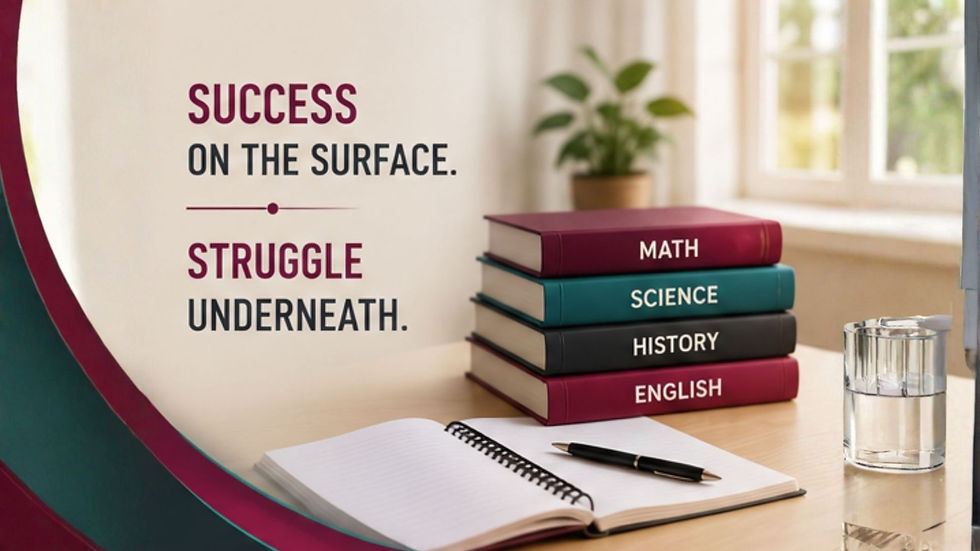 Educational graphic featuring stacked academic books labeled Math, Science, History, and English beside the phrase “Success on the Surface. Struggle Underneath.” The image represents high-achieving students with hidden dyscalculia whose academic strengths and outward performance may mask deeper difficulties with conceptual mathematical understanding and number sense.