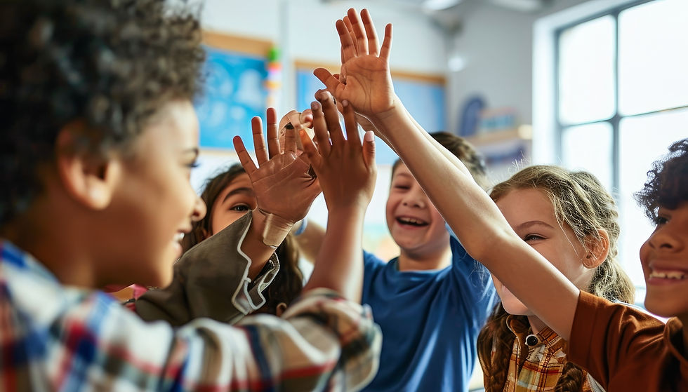 A group of diverse elementary-aged children smiling and high-fiving together in a bright classroom.