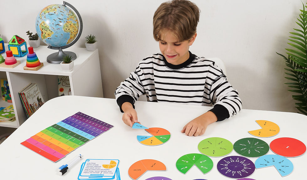 A young student sits at a white table using colorful fraction circles and math cards, practicing multisensory fraction concepts in a calm, organized learning space.