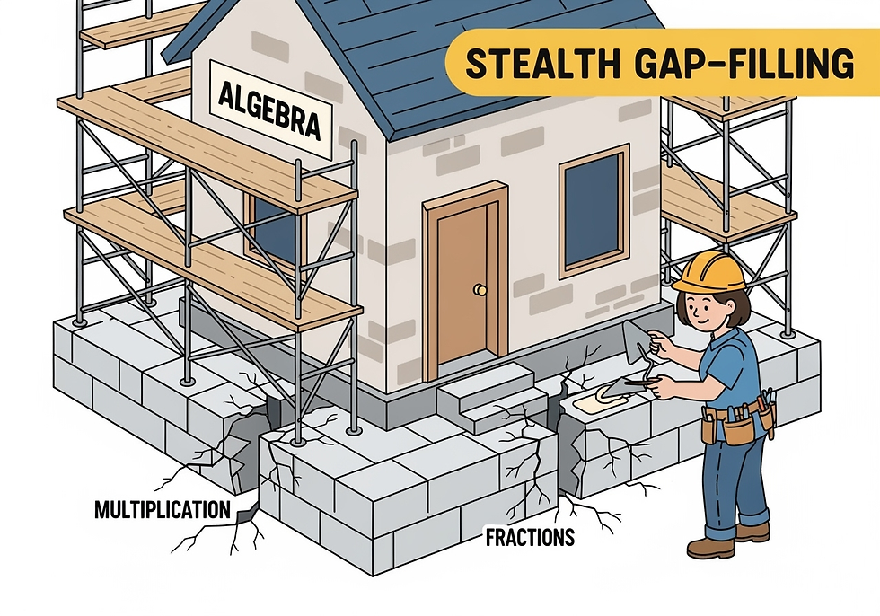 Educational metaphor illustration showing a house labeled 'Algebra' with cracks in its foundation labeled 'Multiplication' and 'Fractions.' A female tutor is repairing the foundation cracks while construction continues above, demonstrating the stealth gap-filling approach to math education.