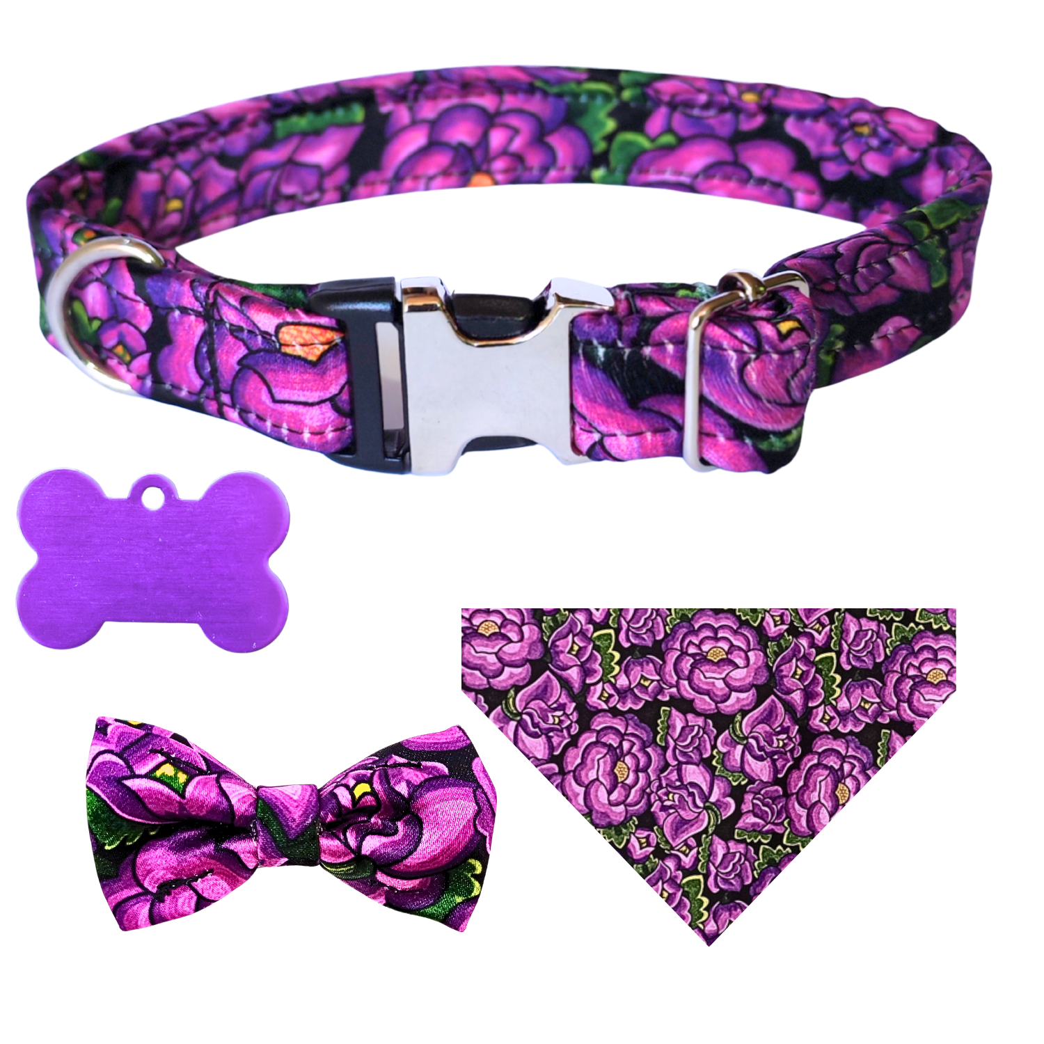 Collar de identificación. Flores Moradas.