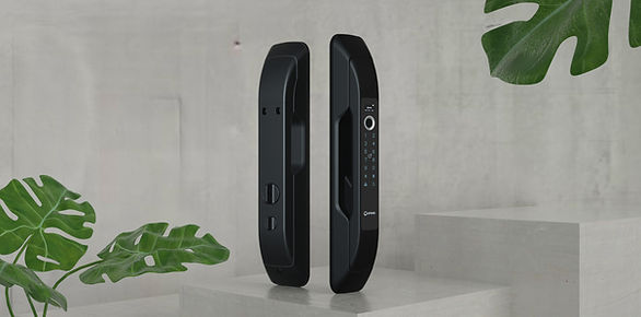 Two black smart door locks, one with keypad, fingerprint, Smart branding.