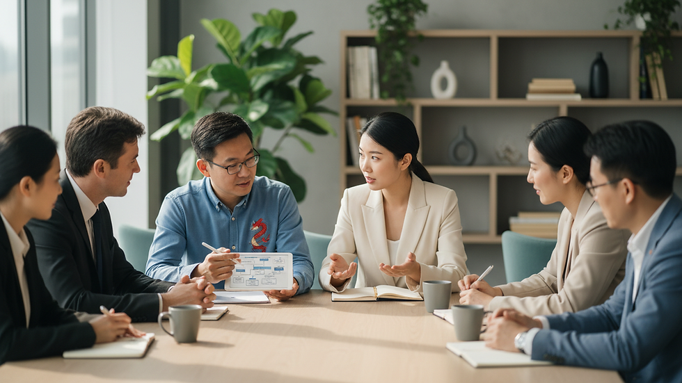 Team of six in a bright office discuss a flowchart, with notebooks and mugs on the table, in a calm focused meeting.