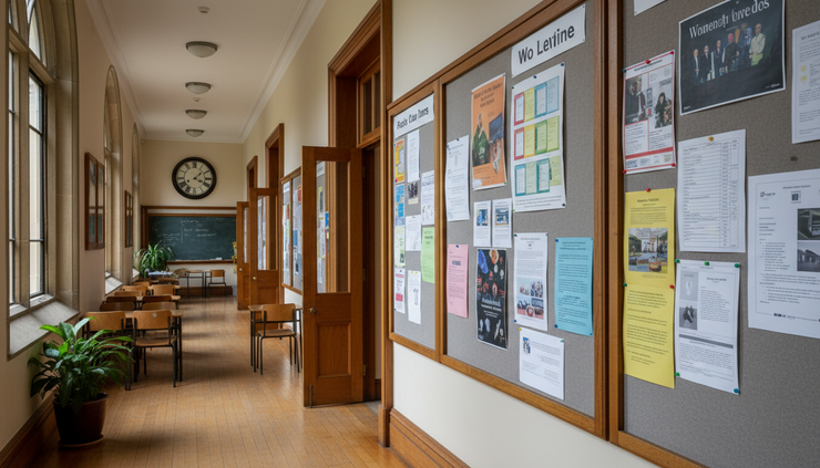 Eye-level view of a quiet university corridor with noticeboards and open classroom doors