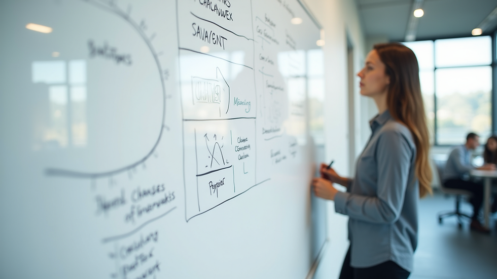 Close-up view of a whiteboard with change management frameworks and diagrams