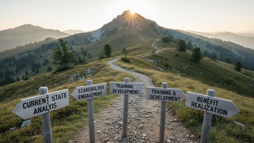 A mountain path at sunrise is flanked by signs pointing towards different strategic objectives, symbolizing various routes to success and development.