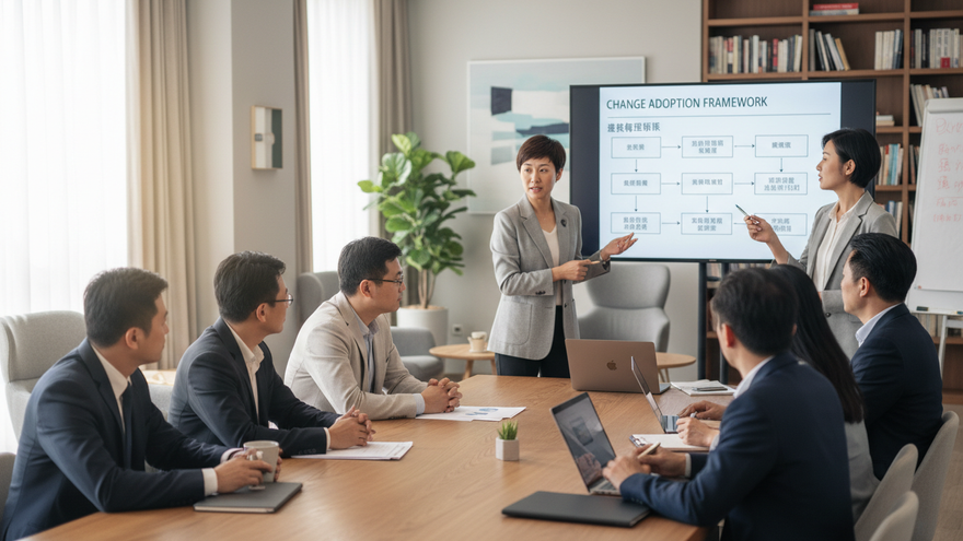 Business professionals in a bright office engage in a strategic meeting, discussing change management frameworks like the ADKAR model.