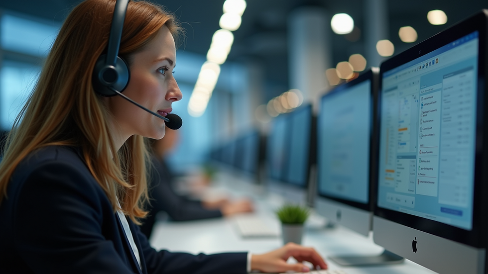 Close-up view of a call centre agent using a headset and computer