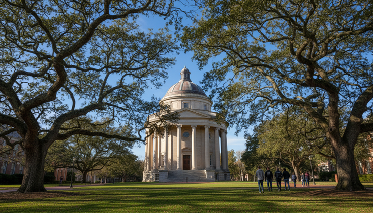 Low-angle view of a university rotunda framed by trees under a clear sky