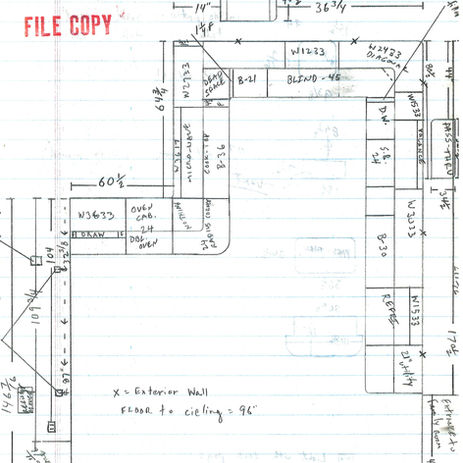 Hand-drawn field measurements sketch of an existing kitchen layout prior to remodeling