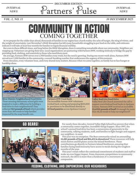 PARTNERS PULSE- December Partners’ Pulse captures an incredible season of service. thousands of neighbors served, record volunteer hours, and powerful partnerships