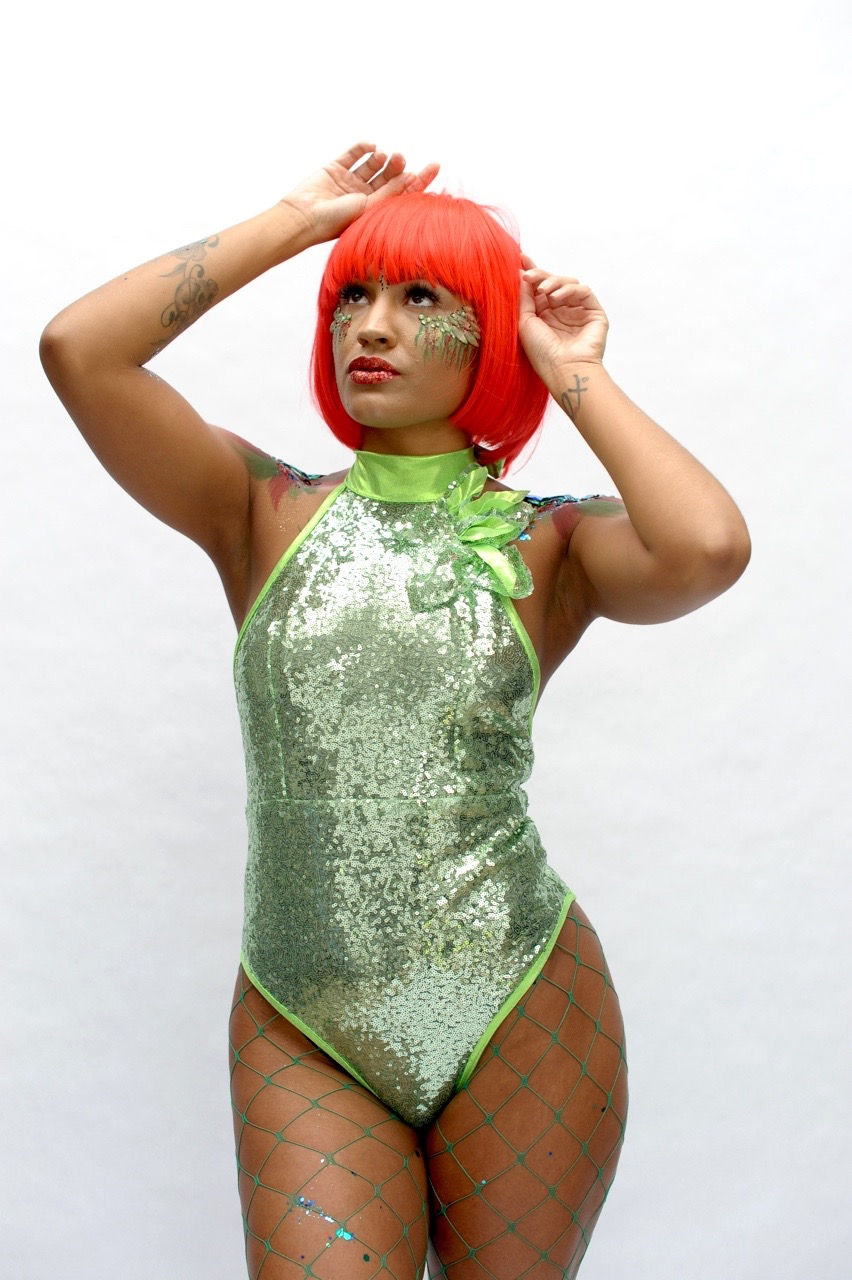 Thumbnail: Poison Pea Green Sequin Backless Bodysuit