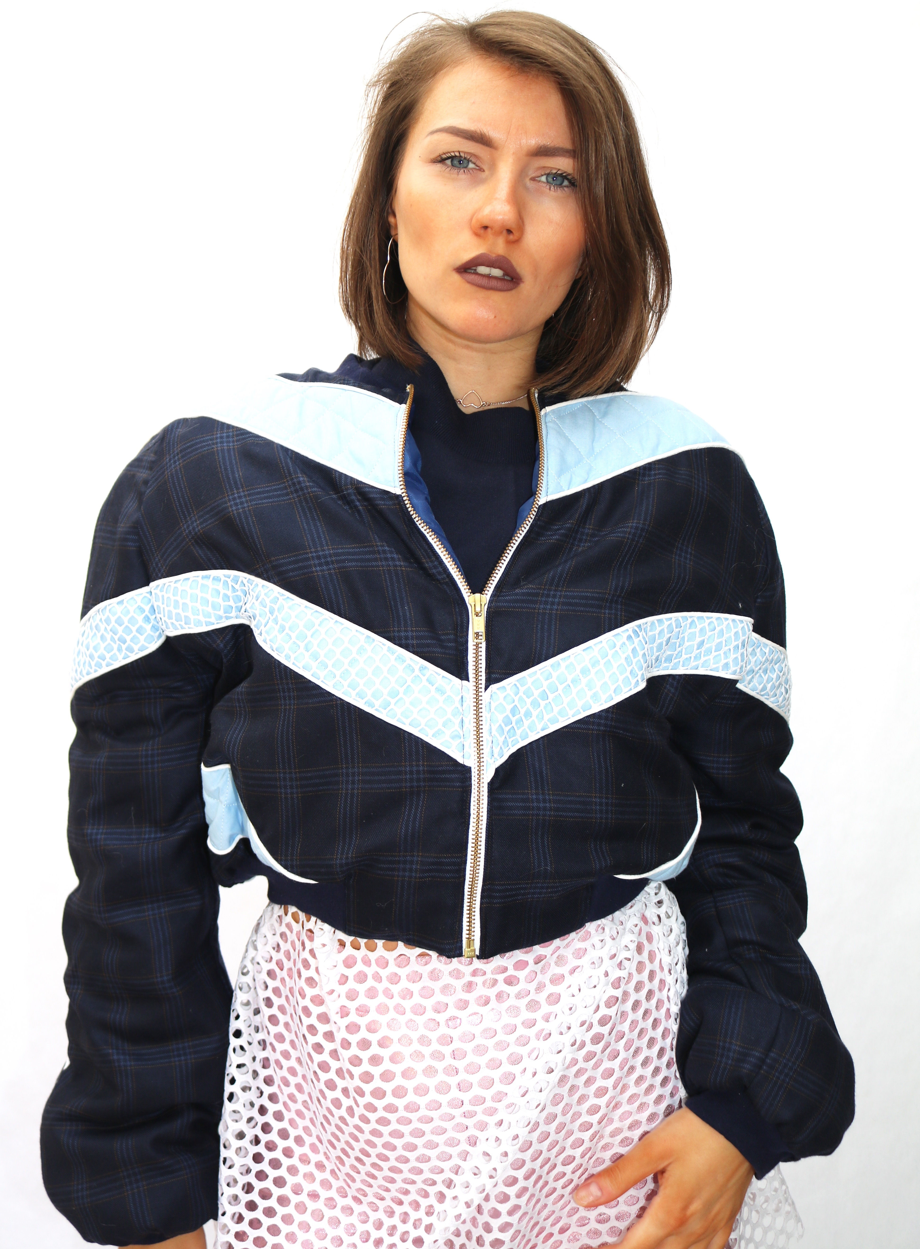Navy Tartan Cropped - Bomber Jacket