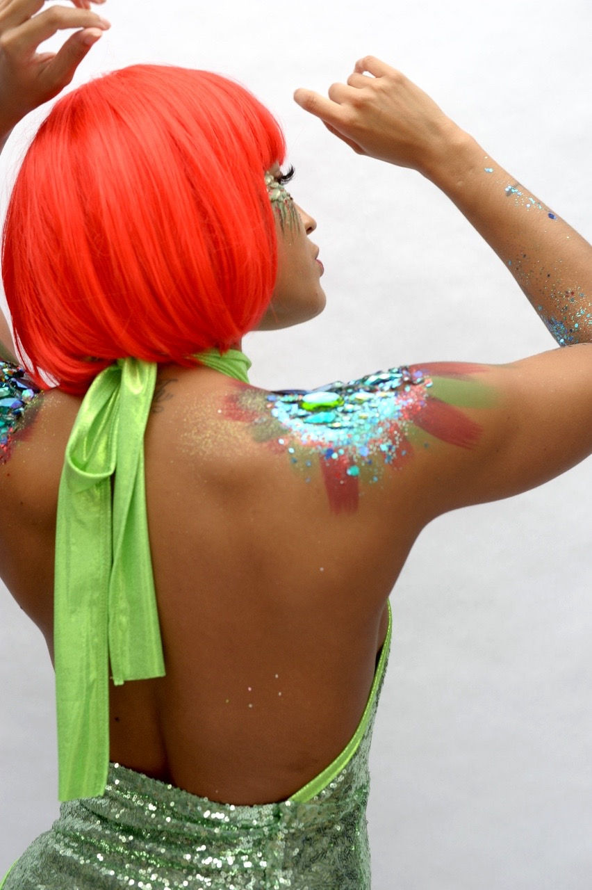Thumbnail: Poison Pea Green Sequin Backless Bodysuit