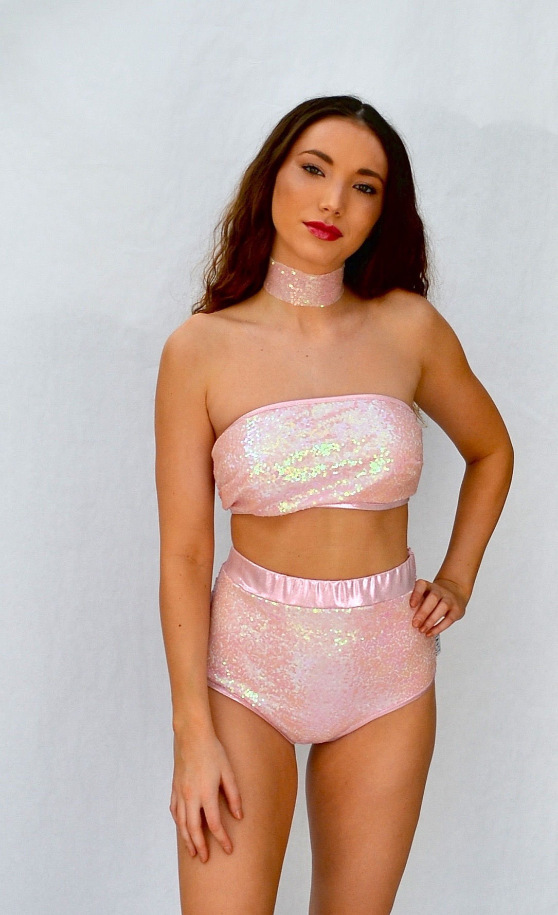 Baby Pink Sequin High Waisted Peakini Bottoms