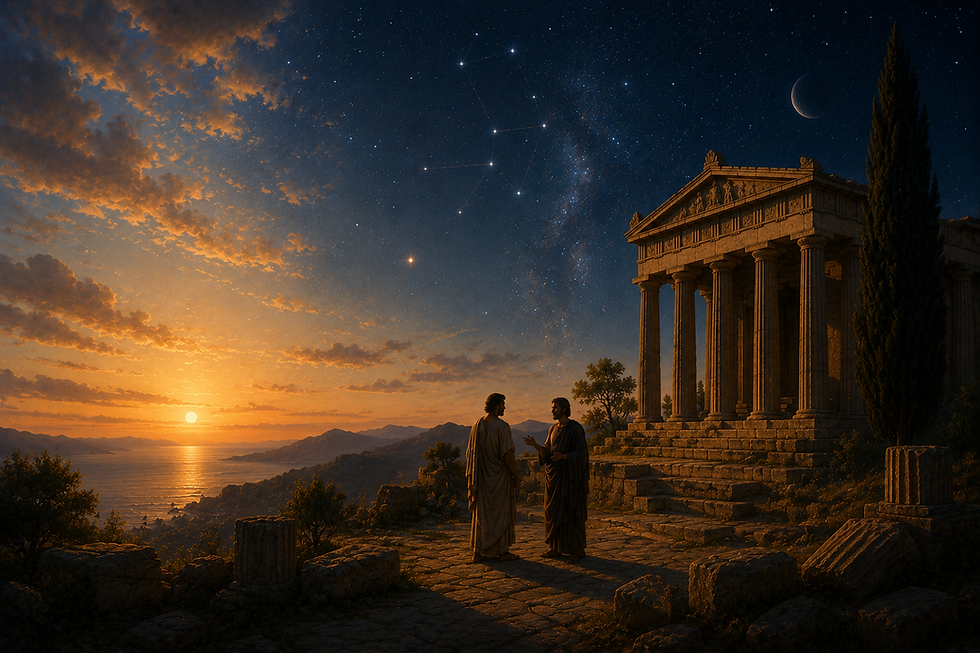 Philosophe practicienne near a Greek temple at sunset.