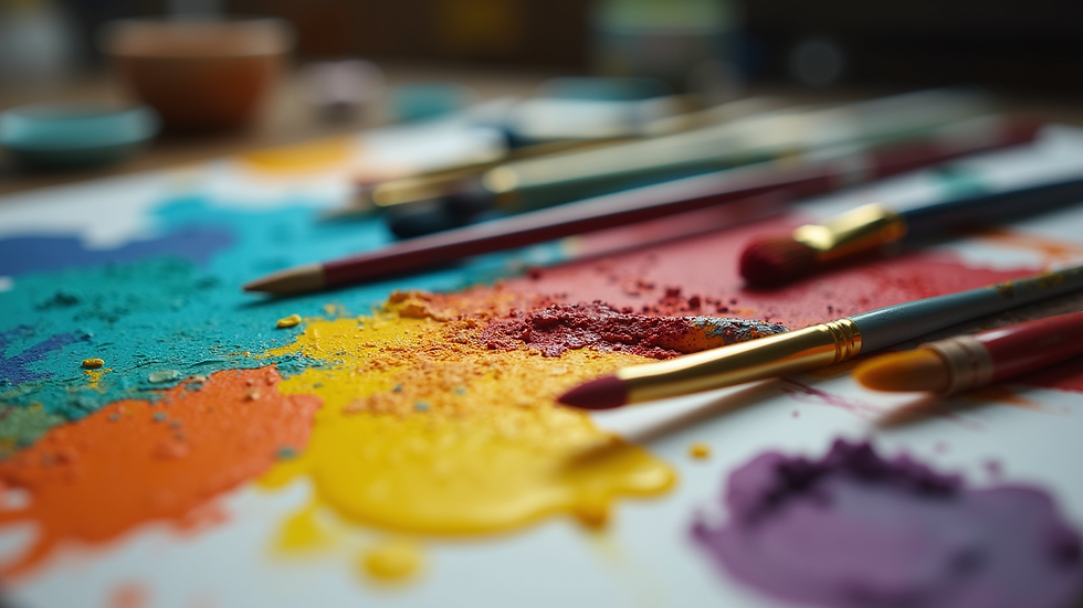 Close-up view of an artist's workspace with colorful paints and brushes