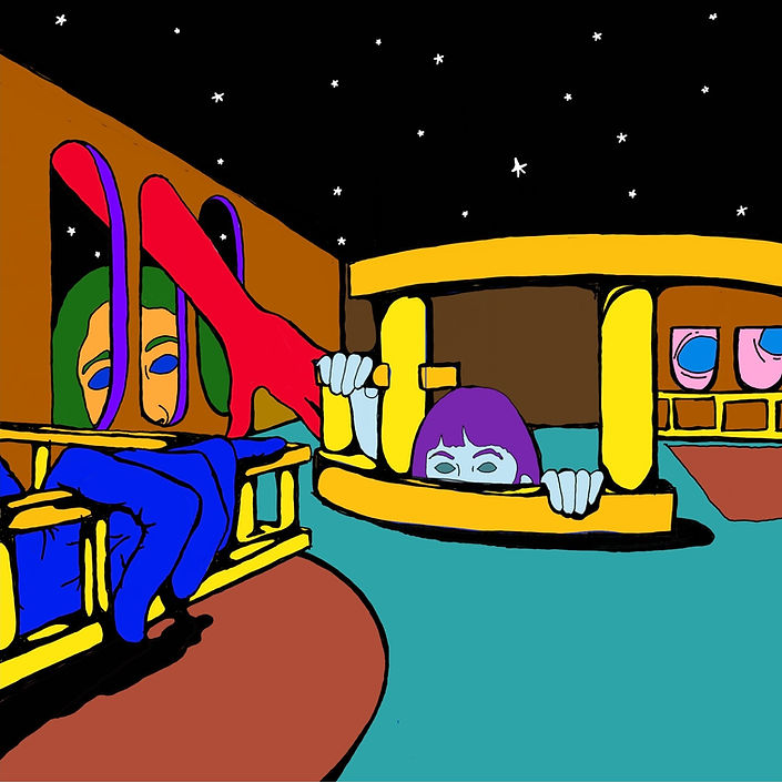 Colorfully illustrated interior under a starry sky, being explored by large, human-like figures