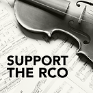 A violin and sheet music in an artistic arrangement, offering an invitation to support the RCO