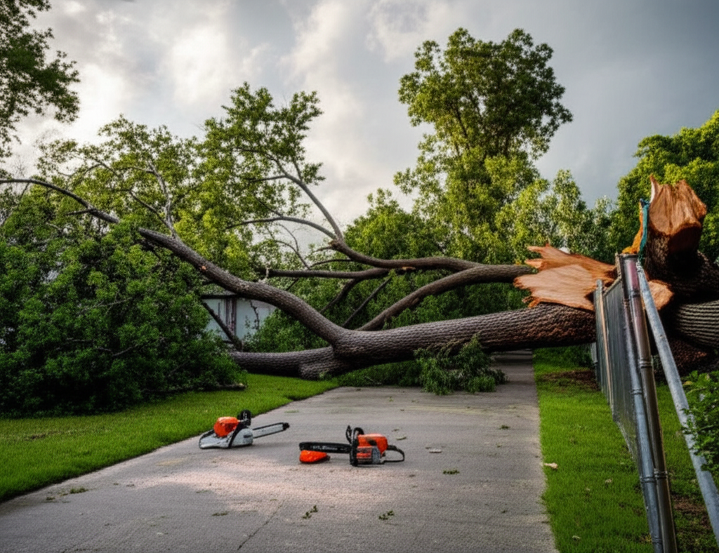 Fallen tree blocking residential driveway after storm damage in South Carolina