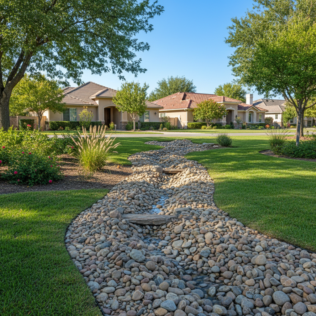Decorative dry creek bed for drainage