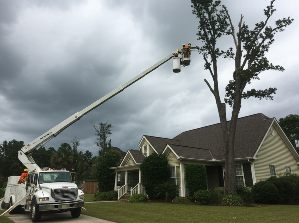Emergency tree service bucket truck removing storm-damaged tree in Lexington SC