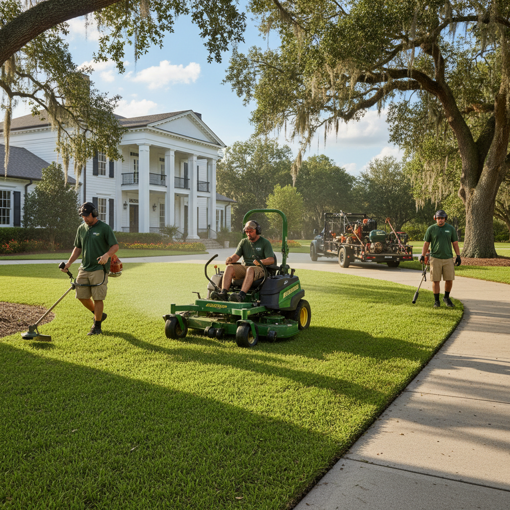 Professional lawn crew mowing residential property