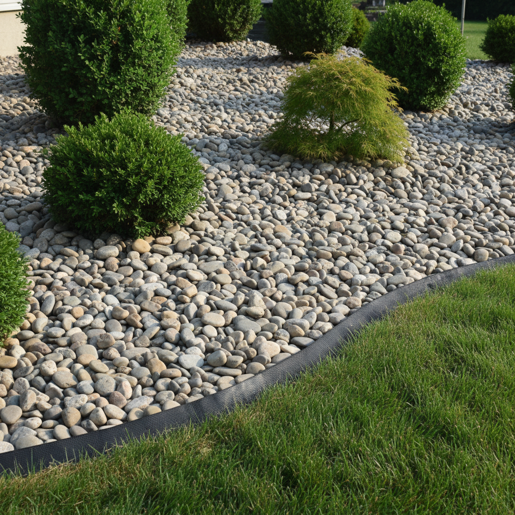 Decorative river rock in landscape beds