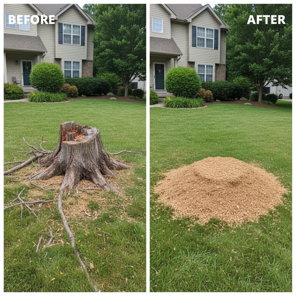Before and after stump grinding
