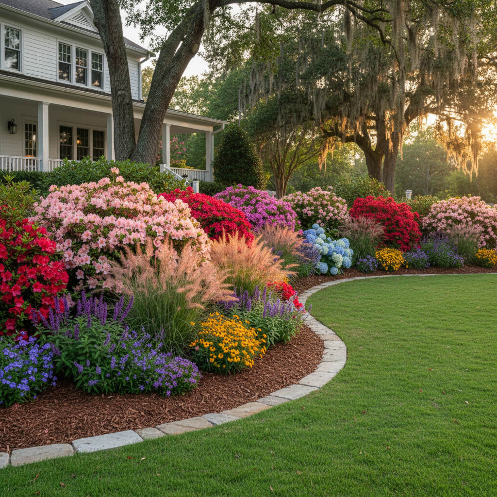 Lush garden bed with fresh mulch