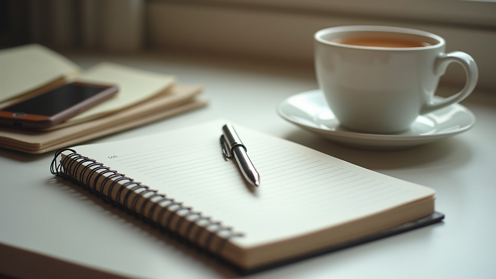 Eye-level view of a calm workspace with a notebook and a cup of tea