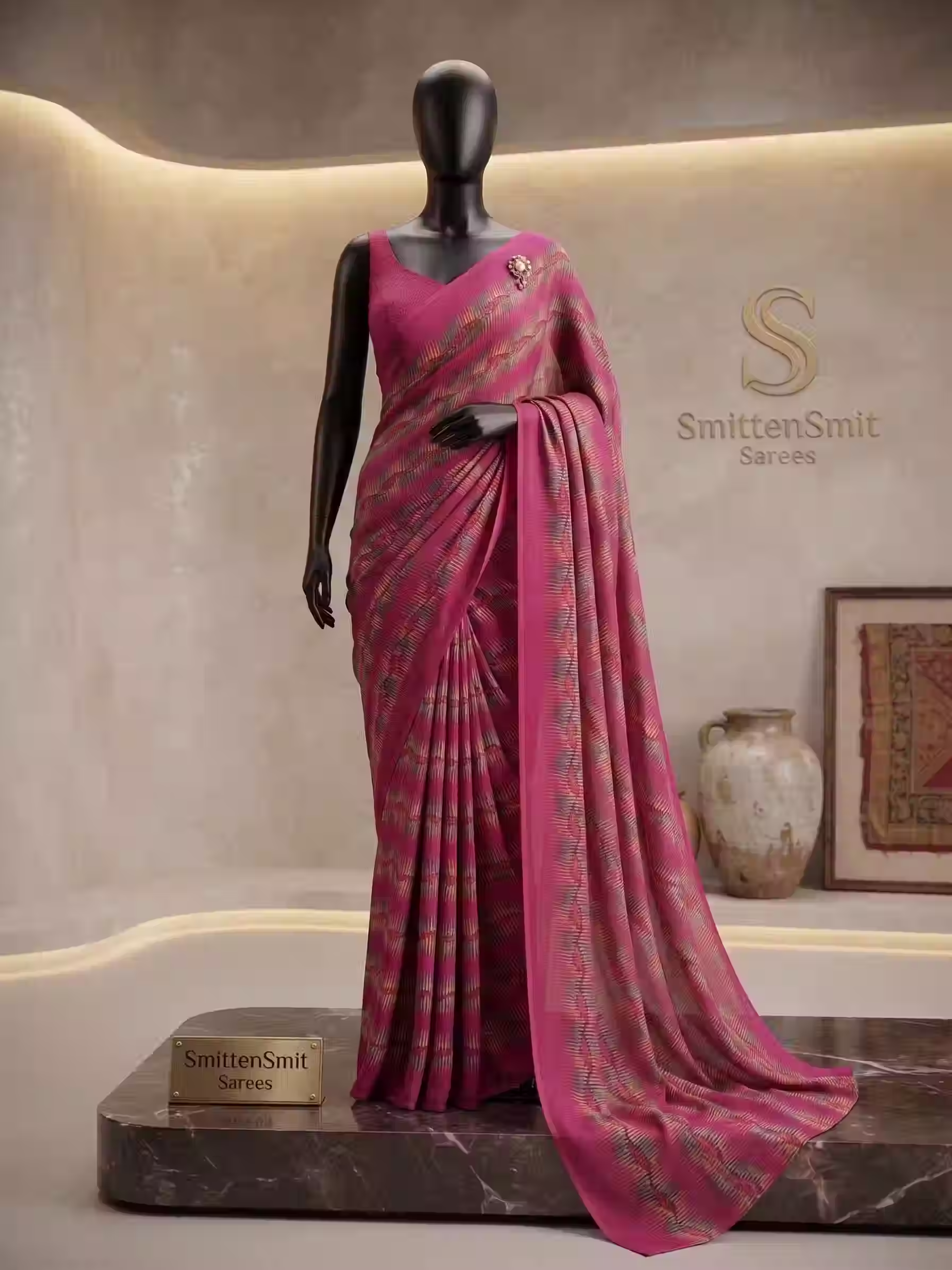 Elegant Rani Pink Printed Georgette Saree with Zari Border & Matching Blouse