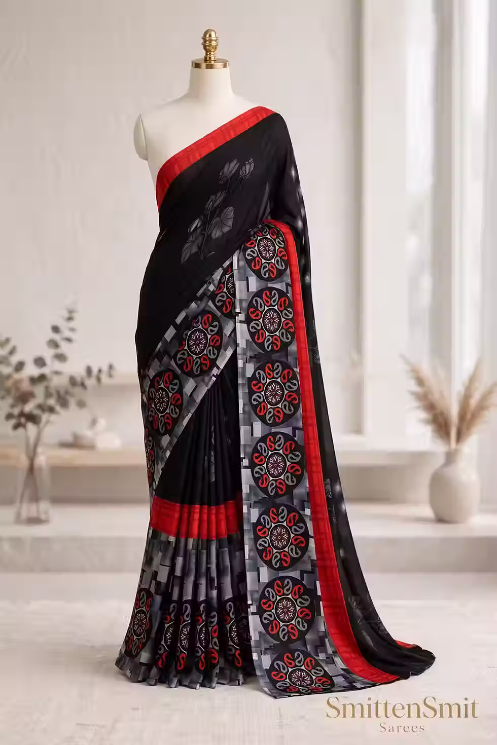 Women's Black Georgette Printed Saree with Red Border & Grey Circular Abstract Print Lightweight Soft Daily Wear, Casual, Of