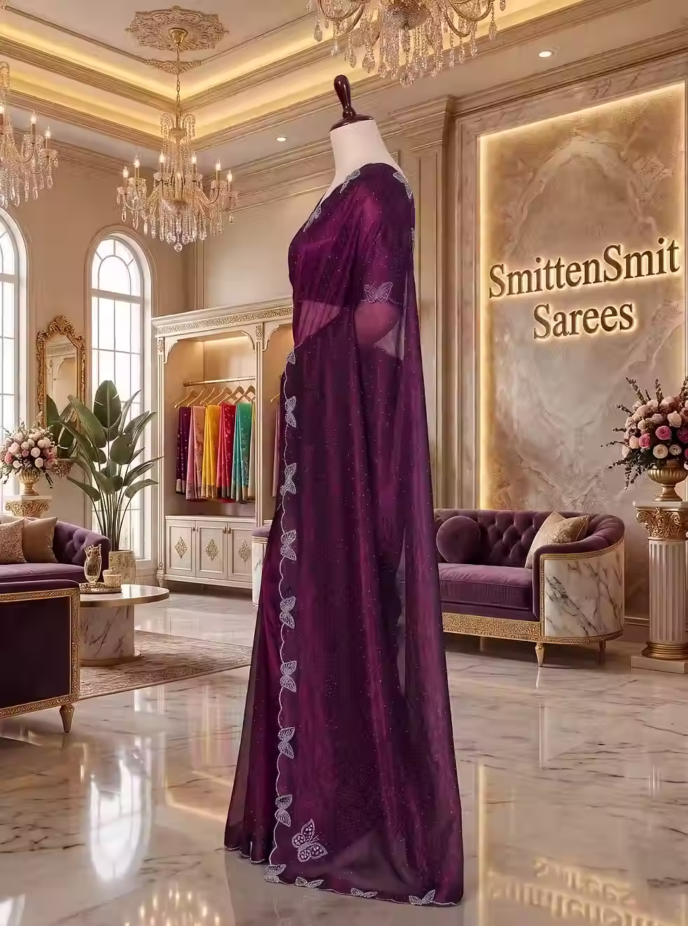 Elegant Wine Shimmer Georgette Saree with Butterfly Diamond Lace Work