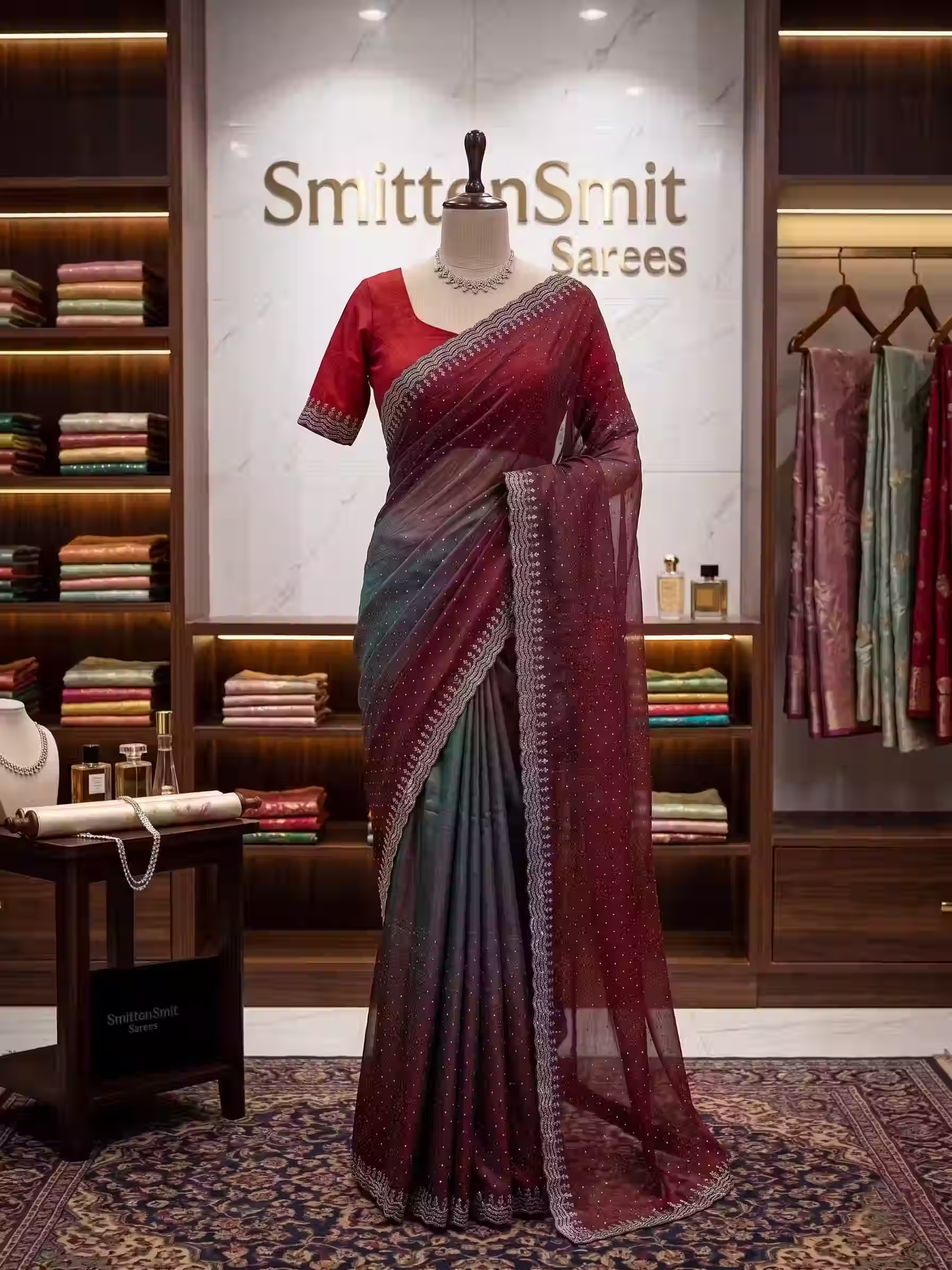 Elegant Wine Red & Teal Dual-Tone Net Saree with Scalloped Lace Border