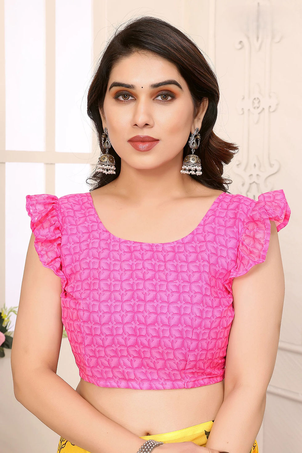 Thumbnail: Floral Print Georgette Saree in Yellow & Pink Ombré with Ruffle Blouse