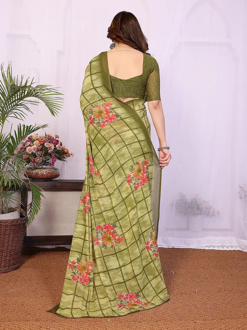 Thumbnail: Olive Green Printed Georgette Saree with Floral Bunches and Checkered Pattern