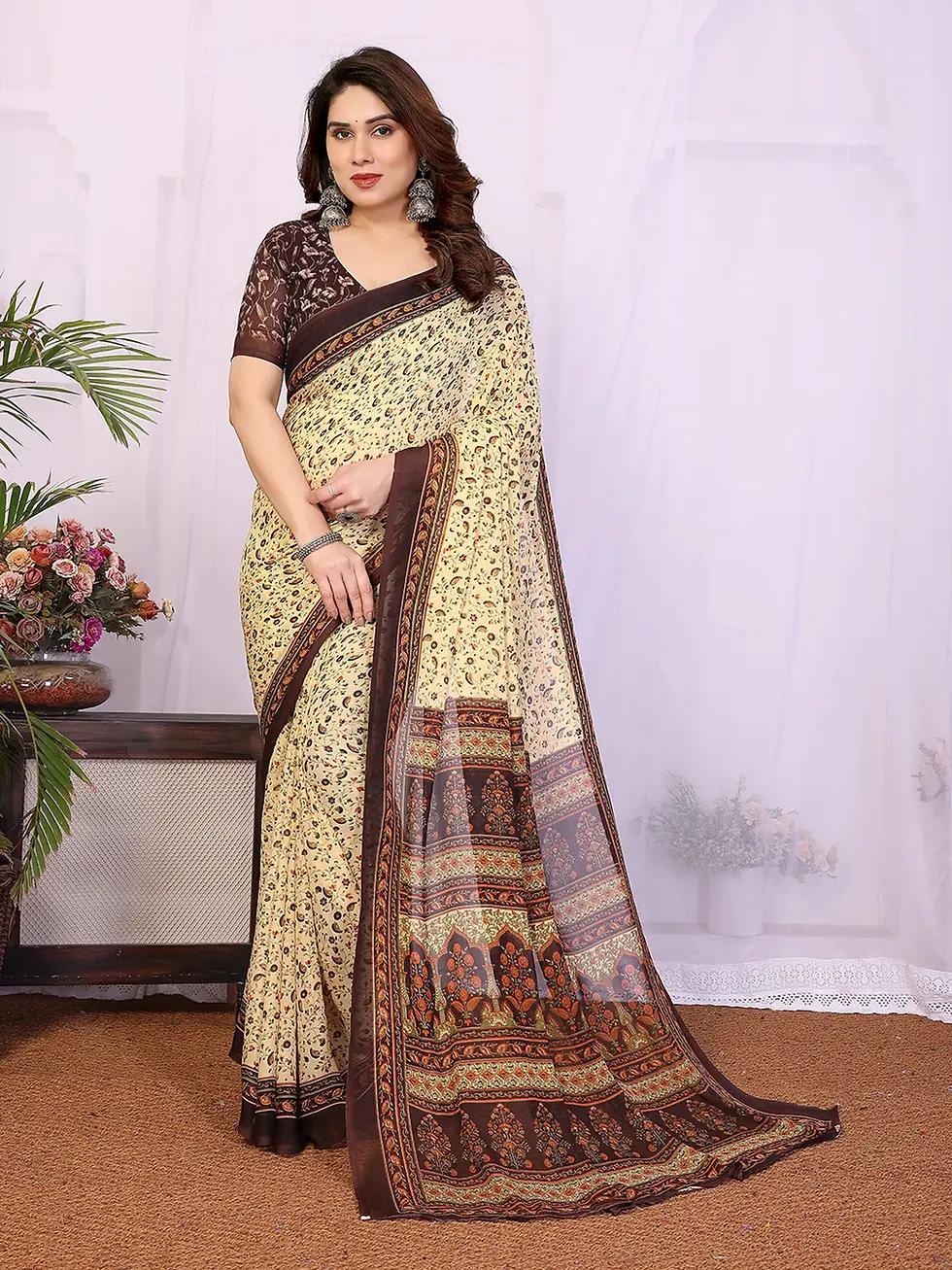 Thumbnail: Elegant Floral Printed Georgette Saree with Contrasting Border