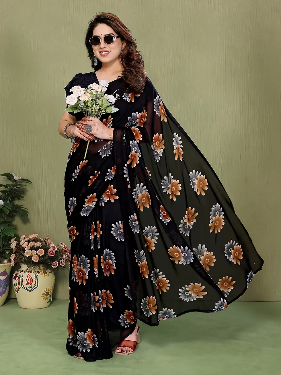 Women's Black Floral Printed Georgette Saree Soft Lightweight Designer Party Wear Saree Elegant Casual, Office, Festive & W