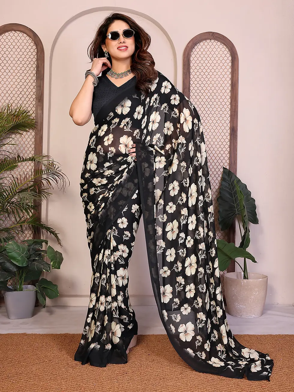 SmittenSmit Women's Black Floral Printed Georgette Saree with Matching Blouse Piece Elegant Soft Lightweight Party Wear, Cas