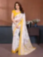 Women's White Floral Printed Saree with Yellow Border Soft Georgette Daily Wear Saree Elegant Casual, Office, Festive & Par