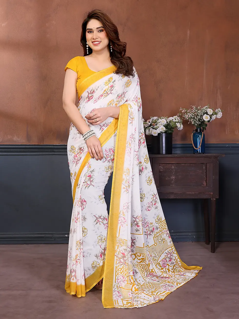 Women's White Floral Printed Saree with Yellow Border Soft Georgette Daily Wear Saree Elegant Casual, Office, Festive & Par