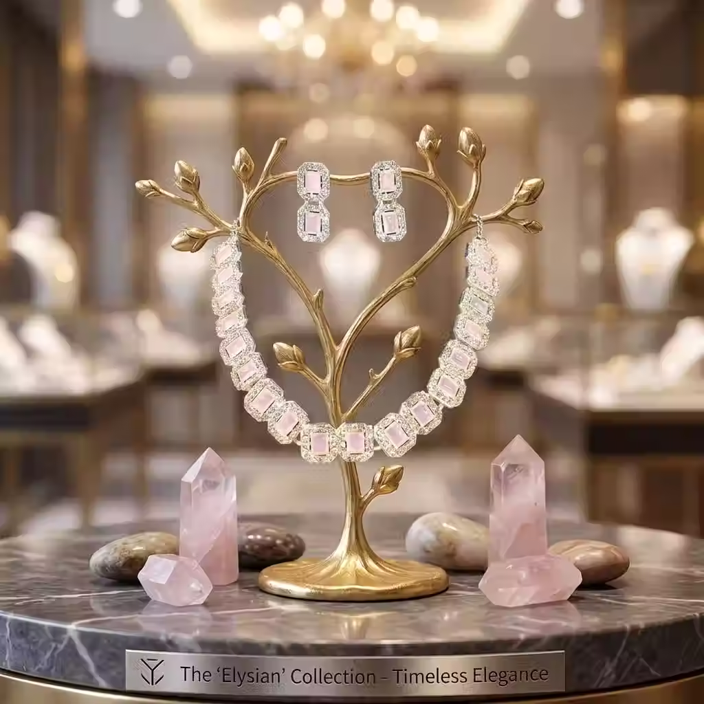 Elegant Blush Pink Stone & Crystal Embellished Necklace Set for Women