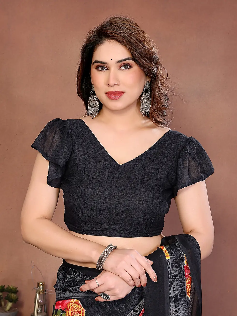 Thumbnail: Elegant Floral Printed Georgette Saree in Charcoal & Grey